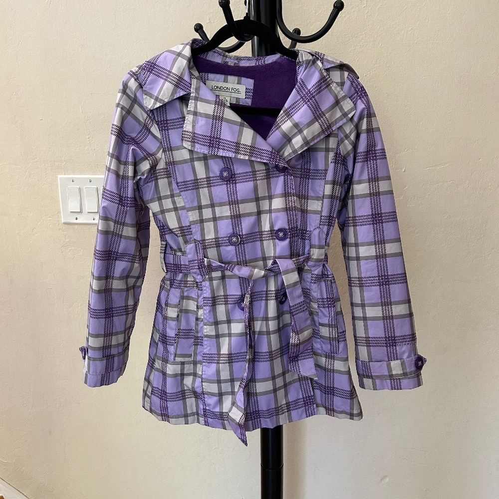 Purple lavender grey plaid belted fitted fleeced lined hooded winter jacket